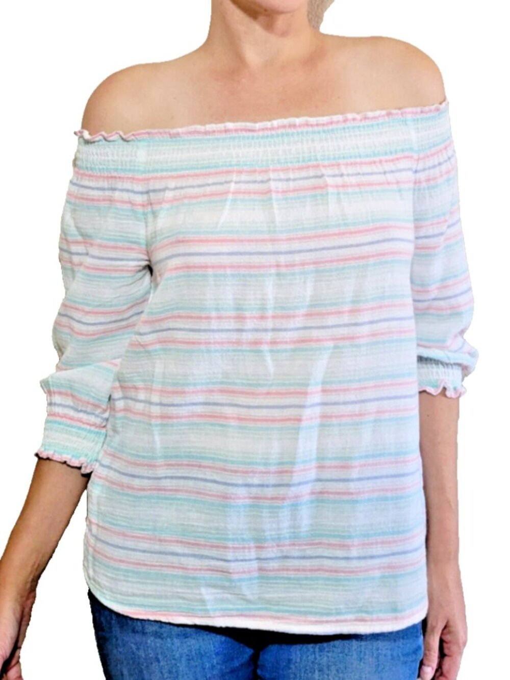 INC International Concepts Top Womens Medium Off The Shoulder White Pink Stripe